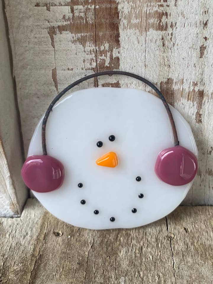 Snowman Ornament Pink Earmuffs for wholesale by Glassworks Idaho