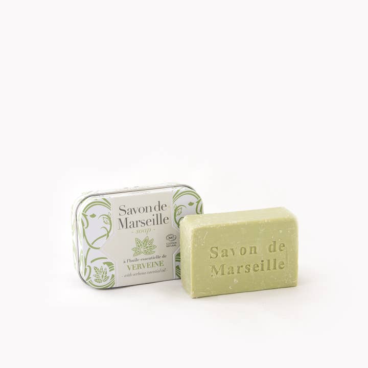 Savon de Marseille parfumé à l'E.O. — Boîte en métal pour la vente par Au Savon de Marseille