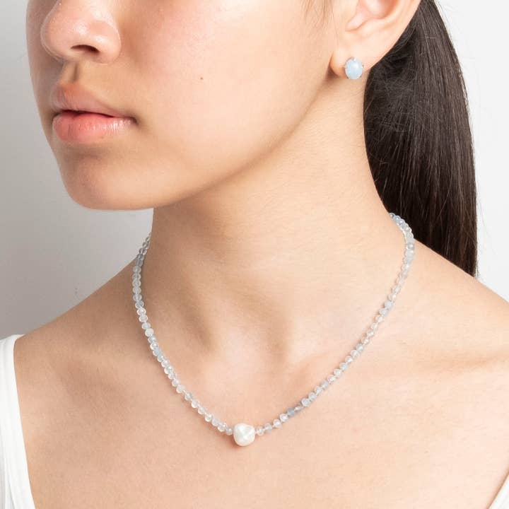 Aquamarine Necklace with Keshi Pearl in Sterling Silver for wholesale by Naturagems