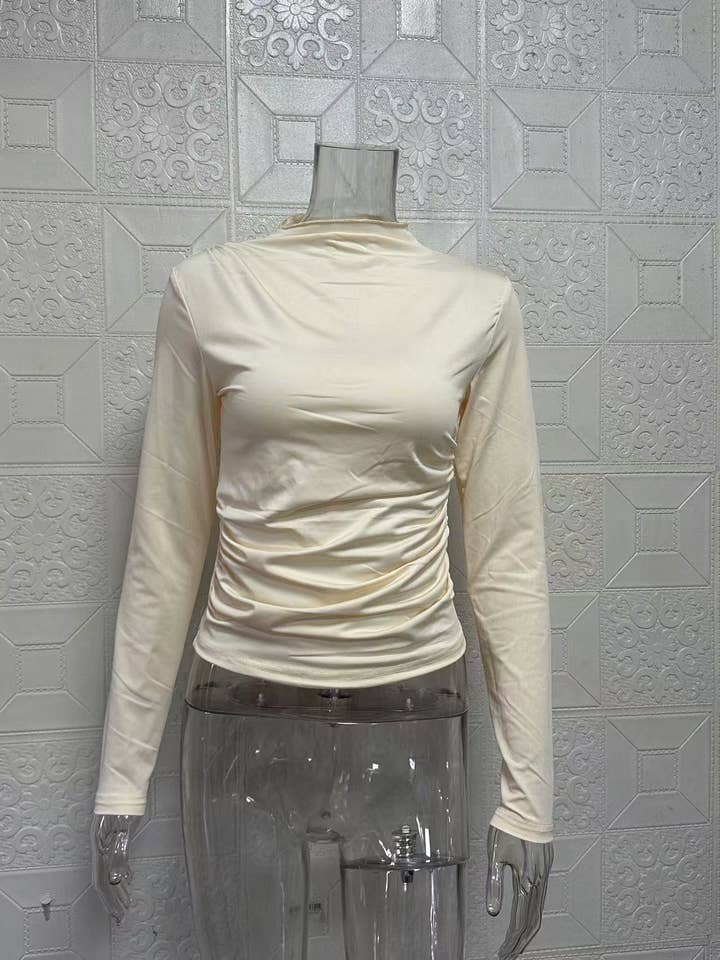 HIDDENBRAND - Wholesale T-Shirt - Women's - Basic solid Ruched mock neck long sleeve top5