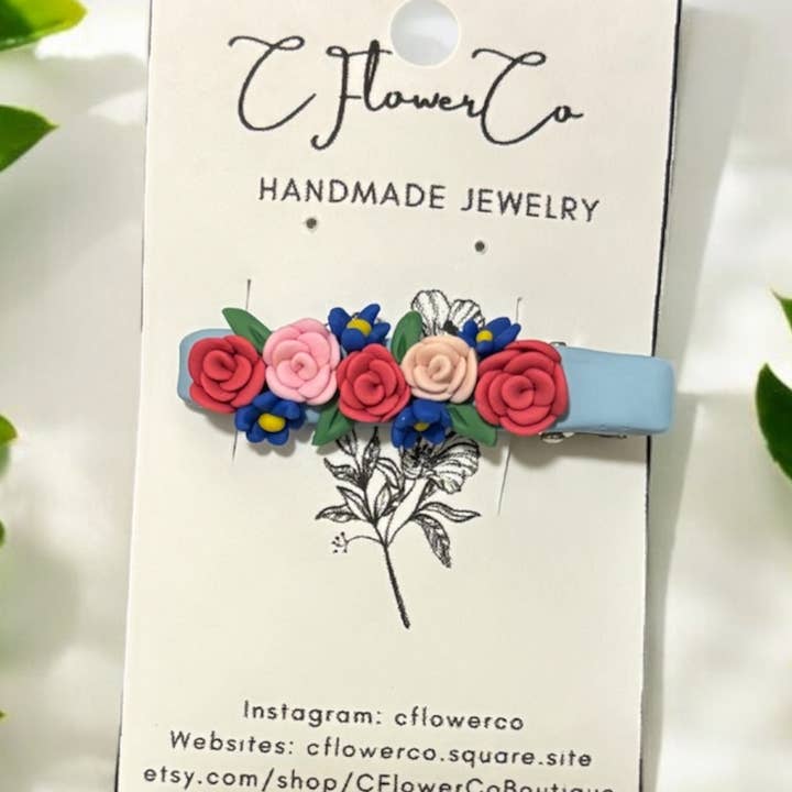 Vårblomma Accessoar - Rosa Ros Babyblå Lera Hårklämma för wholesale av CFlowerCo