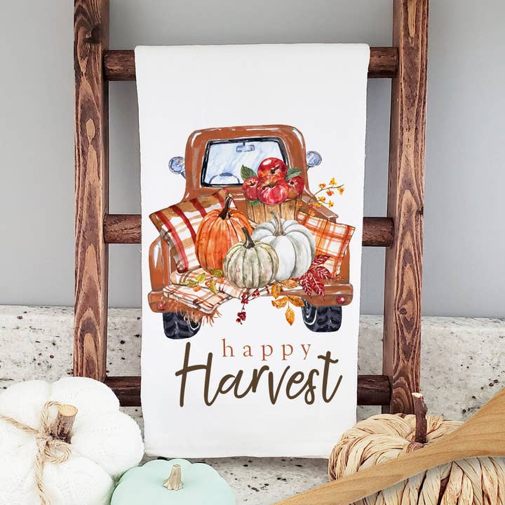 Cotton Tea towel | fall tea towel | vintage pickup truck with pumpkins dish towel | autumn pumpkins tea towel for wholesale by ZA Handmade Wholesale