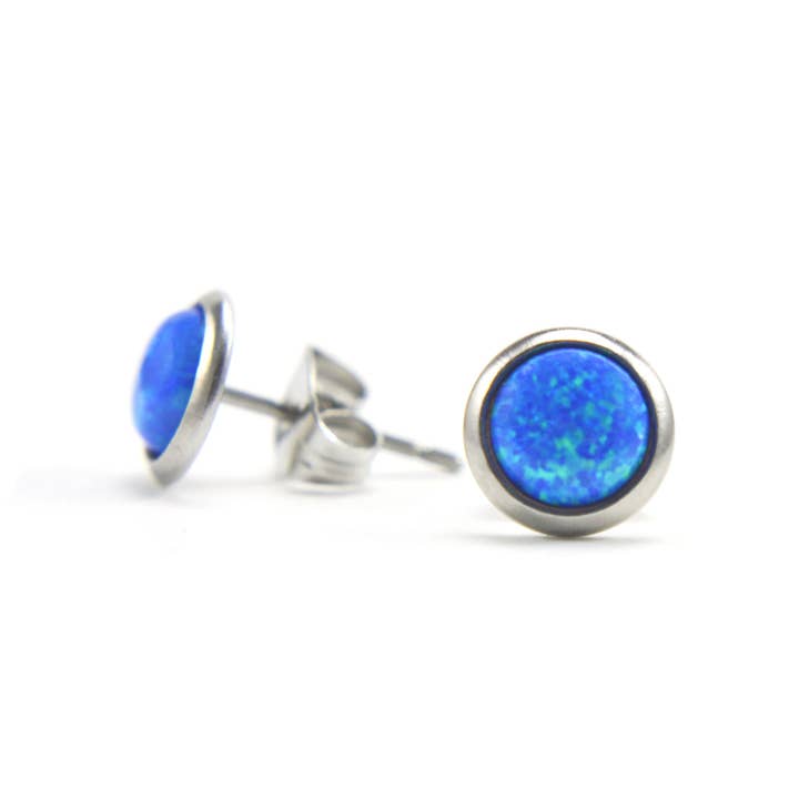 Blue Lab Opal Stud Earrings, Surgical Steel Hypoallergenic Studs for wholesale by Little Gems Jewels
