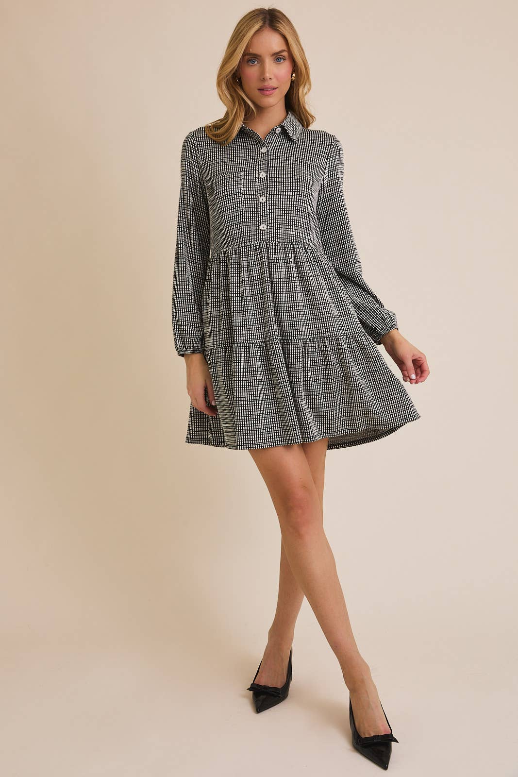 COLLAR LONG SLEEVE BUTTON UP GINGHAM MINI DRESS for wholesale on Faire3