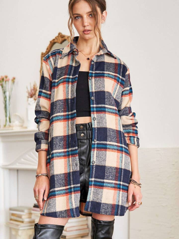 ADORA LA - Wholesale Shirt Jacket/Shacket - Women’s - CEJ1987A-CHECK FLANNEL SHIRT JACKET LONG SLEEVE14
