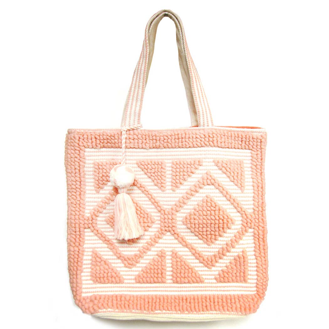 Fashion City - Vente Tote bag – femme - Sac cabas bohème tissé avec pompons et franges21
