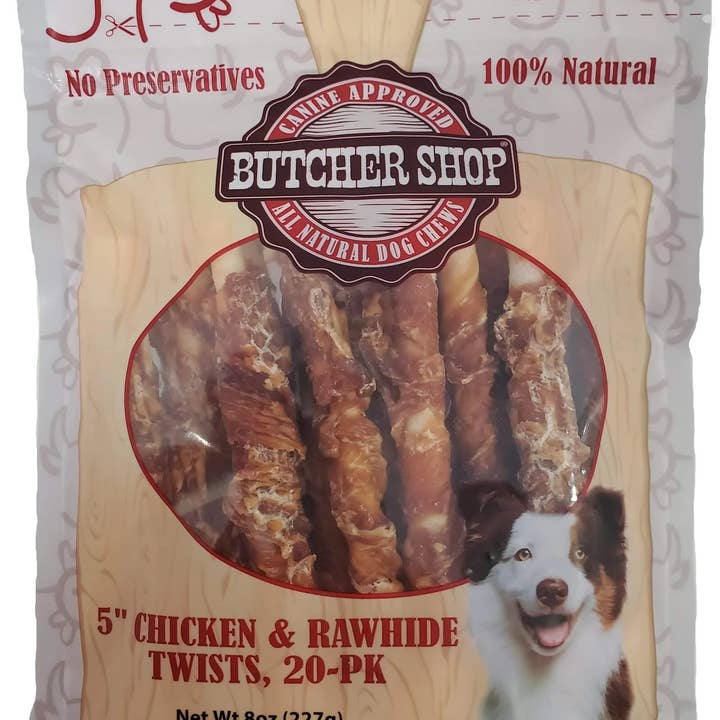 Lovin Tenders - Wholesale Pet Treats - Dog - Butcher Shop 5” Chicken & Rawhide Twists, 20-Pk