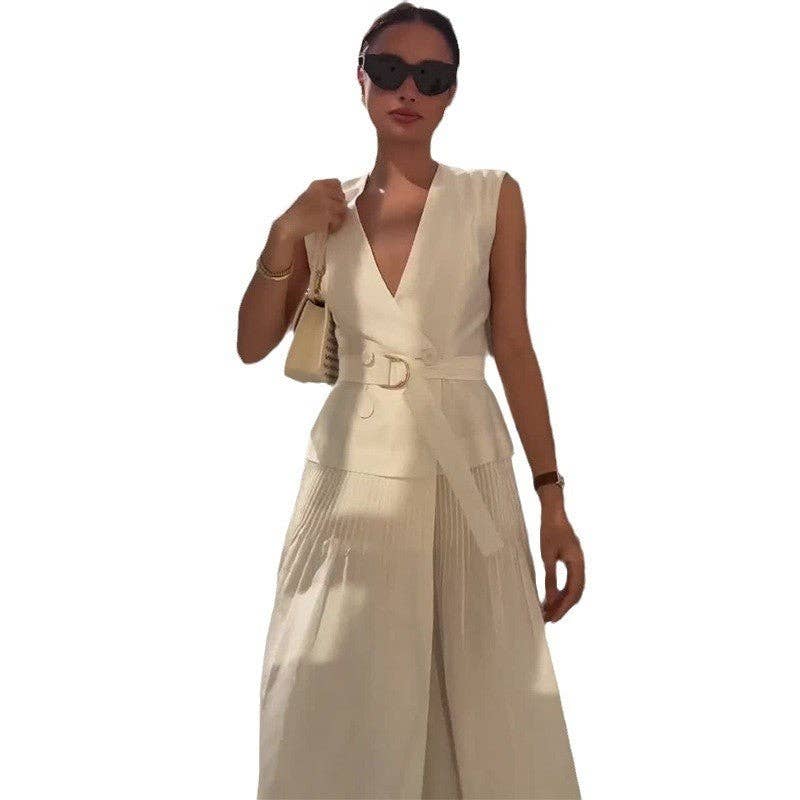 WHITE Solid Color V-Neck Sleeveless Belted A-Line Maxi Dress for wholesale on Faire4