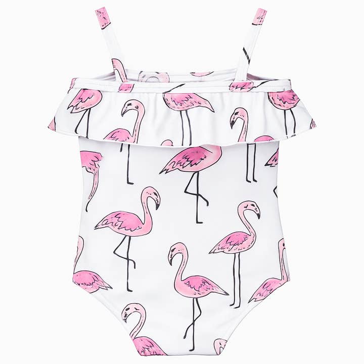 Fennco Styles - Wholesale One Piece Swimsuit - Kids - White Flamingo Print Ruffled One-Piece Toddler Girl Swimsuit1