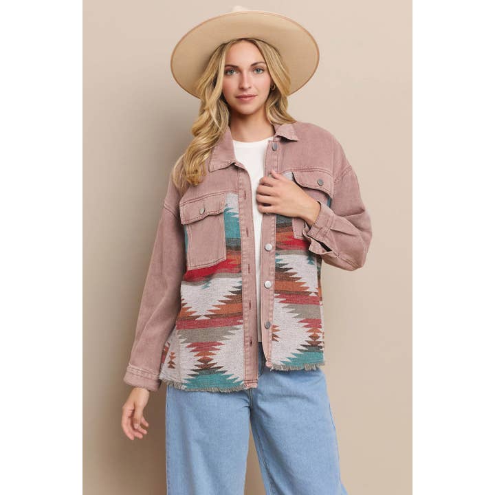WASHED AZTEC DENIM SHACKET for wholesale by Mapcie