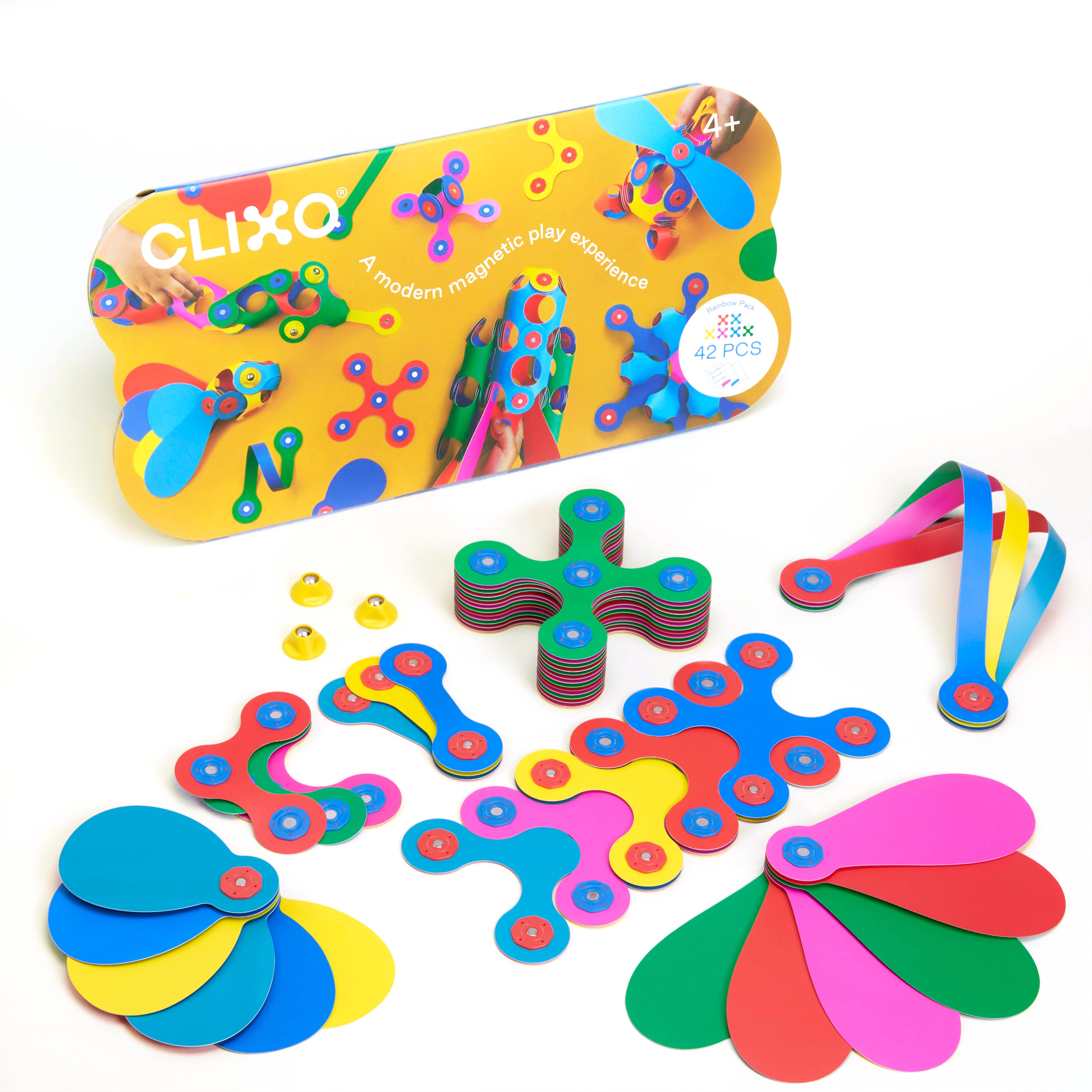 CLICS NV – Großhandel Baukasten – Kinder – Clixo Rainbow Pack – 42-teiliges Set mit voller Farbauswahl und Kreisel9