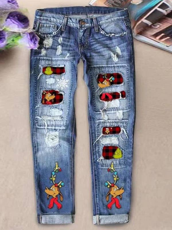Grinch Christmas Patch Ripped Jeans Women Holiday Denim for wholesale by Suhkasana