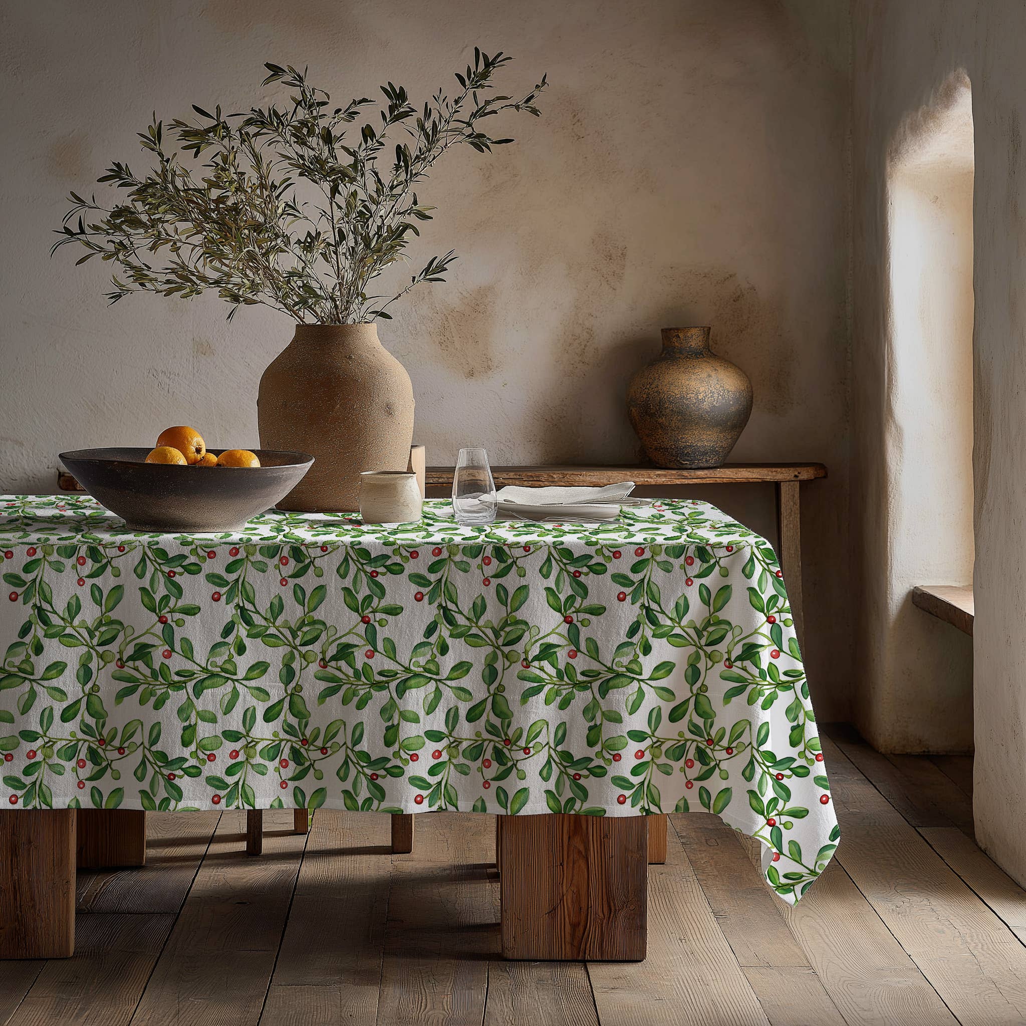 NorraVilla - Wholesale Tafelkleed - 100% Linnen Tafellaken maretak Groen - Kersttafel2