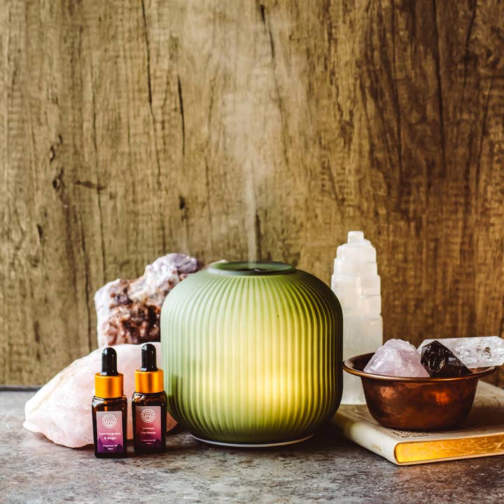 Green Glass Aroma Diffuser | Elegant Mist & Light Control for wholesale by Mindful Living Co.