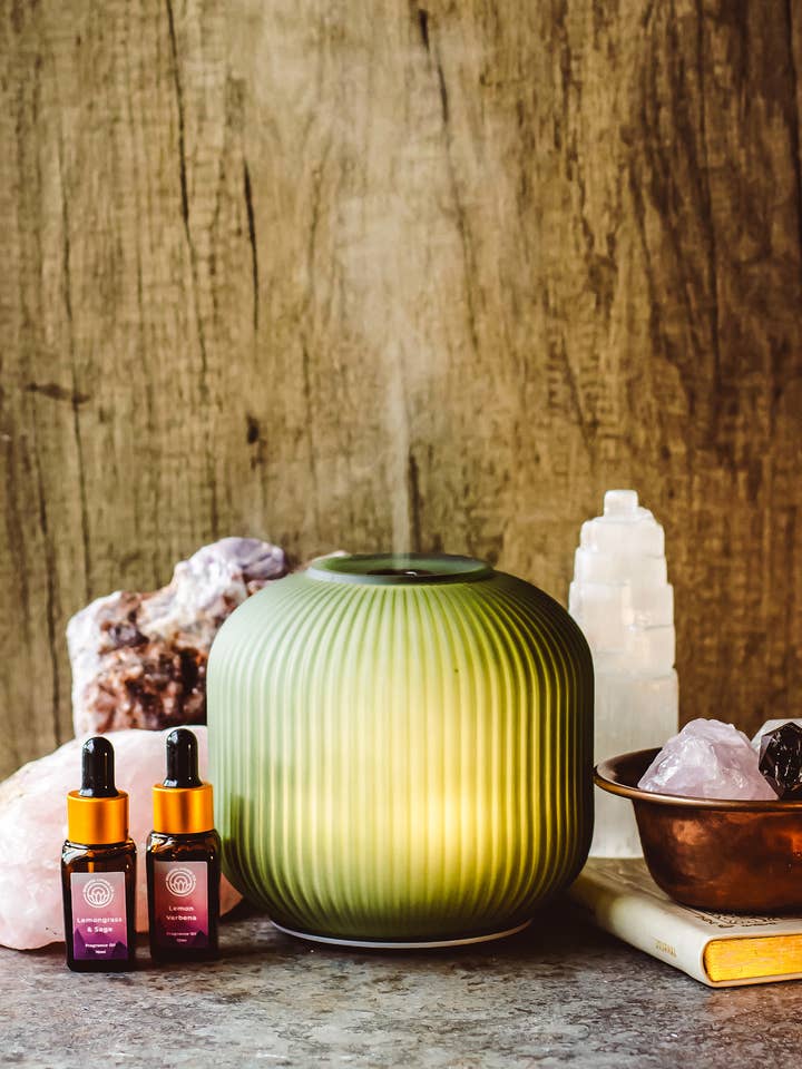 Green Glass Aroma Diffuser | Elegant Mist & Light Control for wholesale by Mindful Living Co.