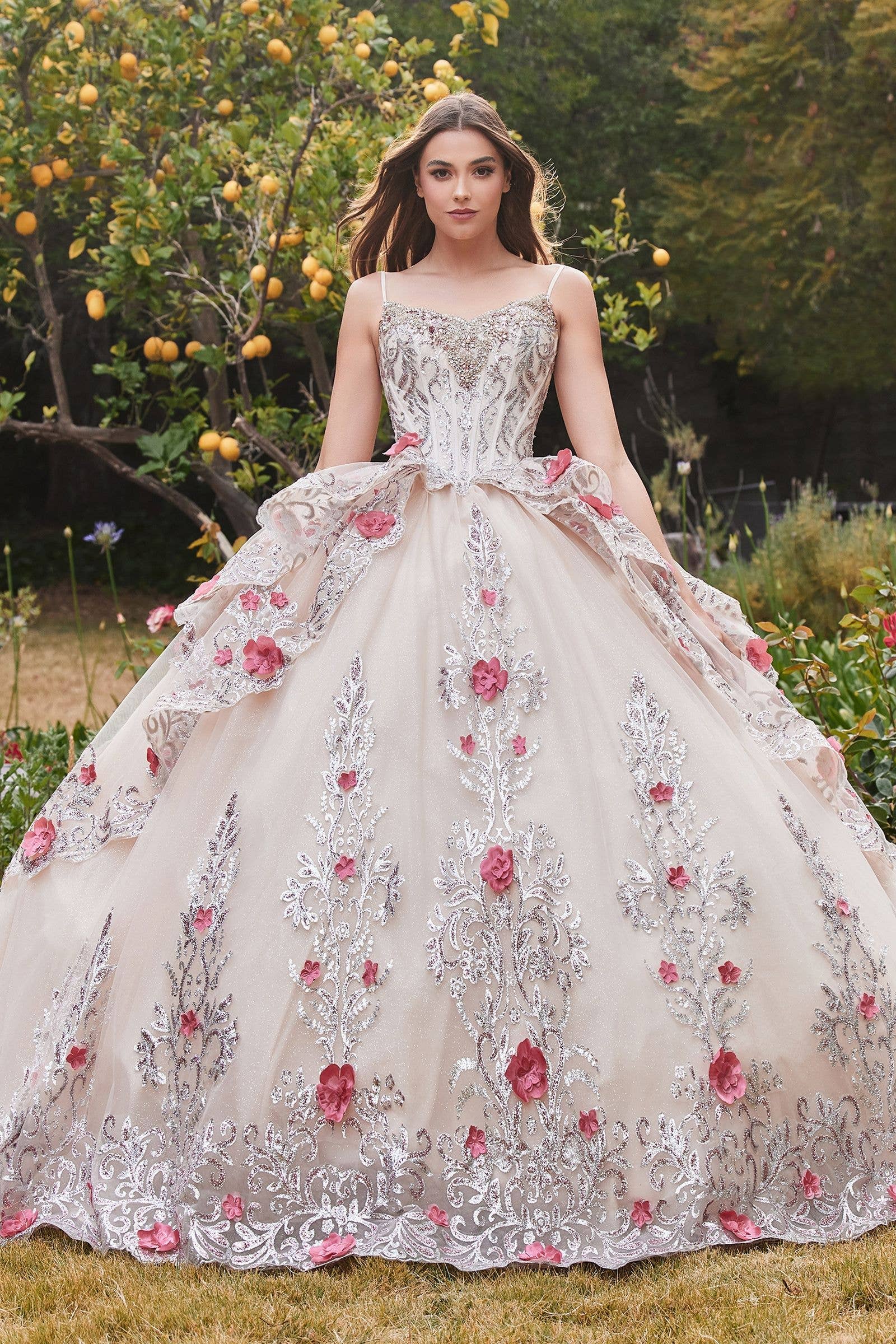 Champagne Layered Tulle Quince Ball Gown With Foral Applique for wholesale on Faire