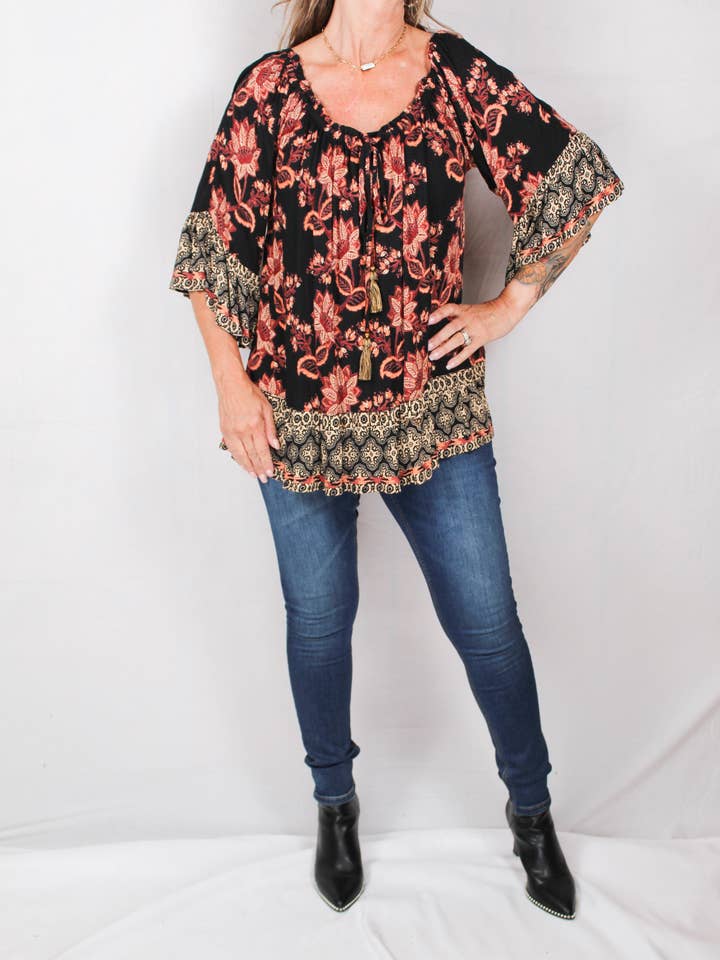 E2T96-A698-B - Black - Peasant Neck 3/4 Sleeve A1579 for wholesale by K & C Clothing, Inc.