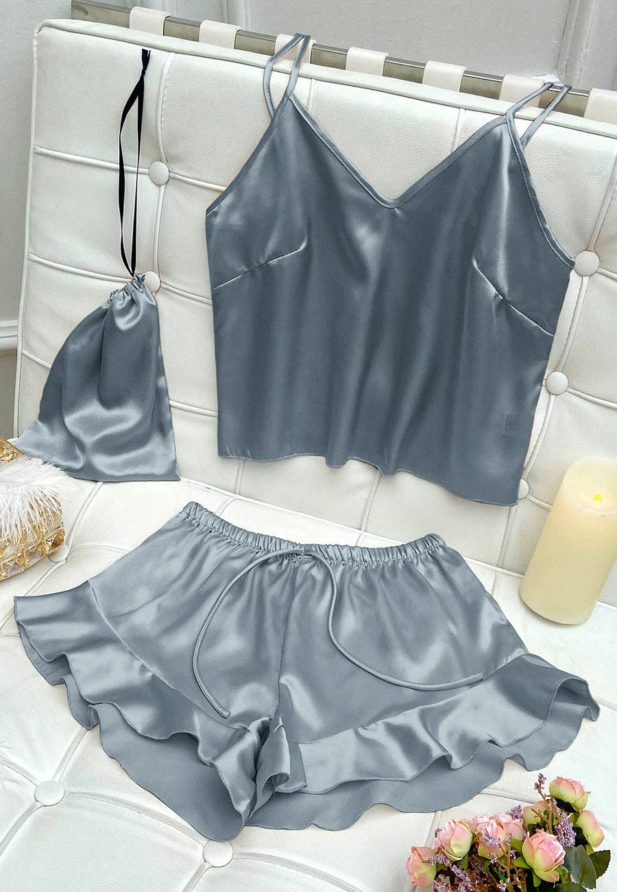Anna Kaci Wholesale - Wholesale Lounge Set - Women's - Satin Tank and Ruffle Hem Shorts6