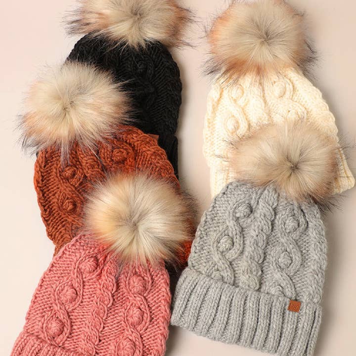 Popcorn Trim Knit Beanie w Faux Fur Pom and other Purchase Wholesale pom pom beanie. Free Returns & Net 60 Terms on Faire trending on Faire.