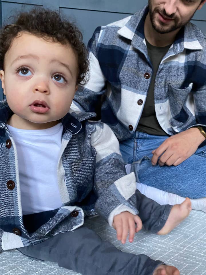 Matching Dad & Son Navy & Ecru Flannel Checked Overshirts for wholesale by MANCUB