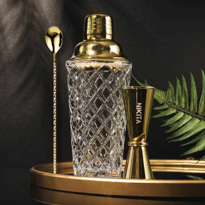 Nikita By Niki - Wholesale Cocktail Shaker - Luxury Glass Cocktail Shaker, Jigger & Stirrer Set - Gold, R