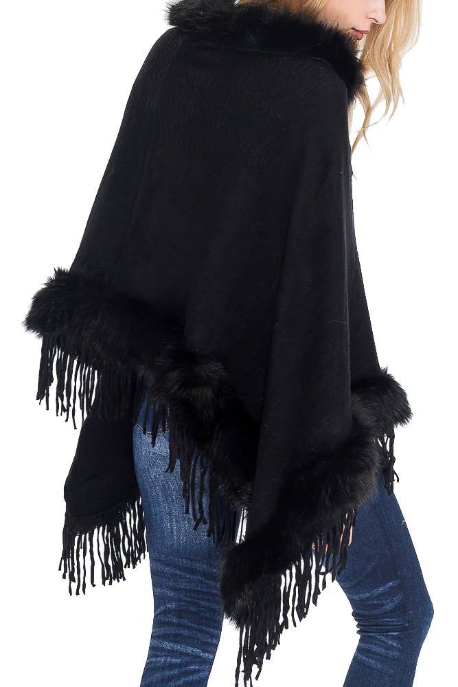 Cap Zone - Wholesale Poncho - Women's - Cable Printed Faux Fur Collar And Trimming Poncho2