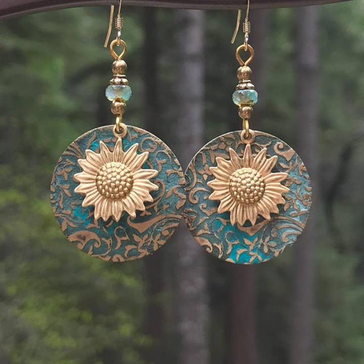 Color separation double layer sunflower retro earrings for wholesale on Faire