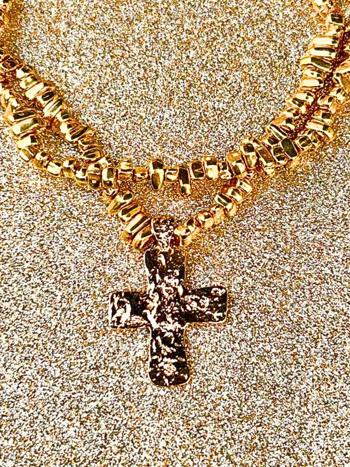 Chunky Gold Double Layer Cross Necklace for wholesale by Amber Leaf Jewellery
