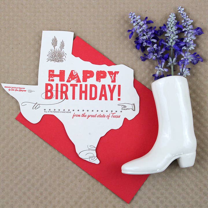 Texas Birthday | Letterpress Die-Cut Greeting Card for wholesale by Color Box Design & Letterpress
