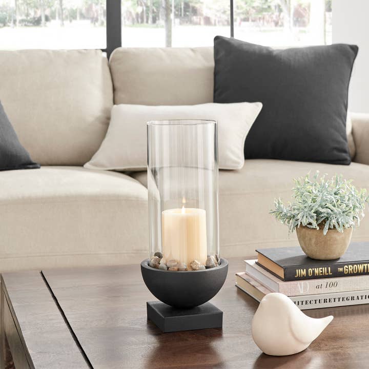 Danya B - Wholesale Candle Holder - Modern Black Metal Bold Pedestal Glass Pillar Candle Holder