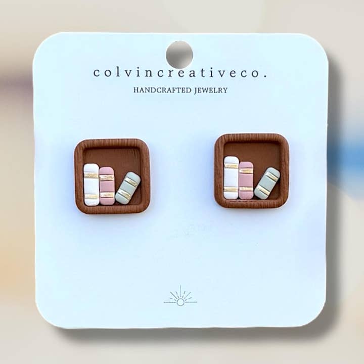 Polymer Clay Bookshelf Mini Book Stud Earrings for wholesale by colvincreativeco.