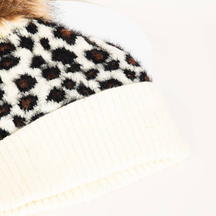 Collections by Fame Accessories - Wholesale Beanie - Women's - Leopard Print Knitted Pom Beanie
