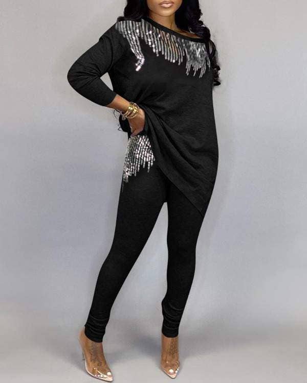 Queen Fashion - Wholesale Hemd- en rokset - Dames - set met lange mouwen en split met pailletten4