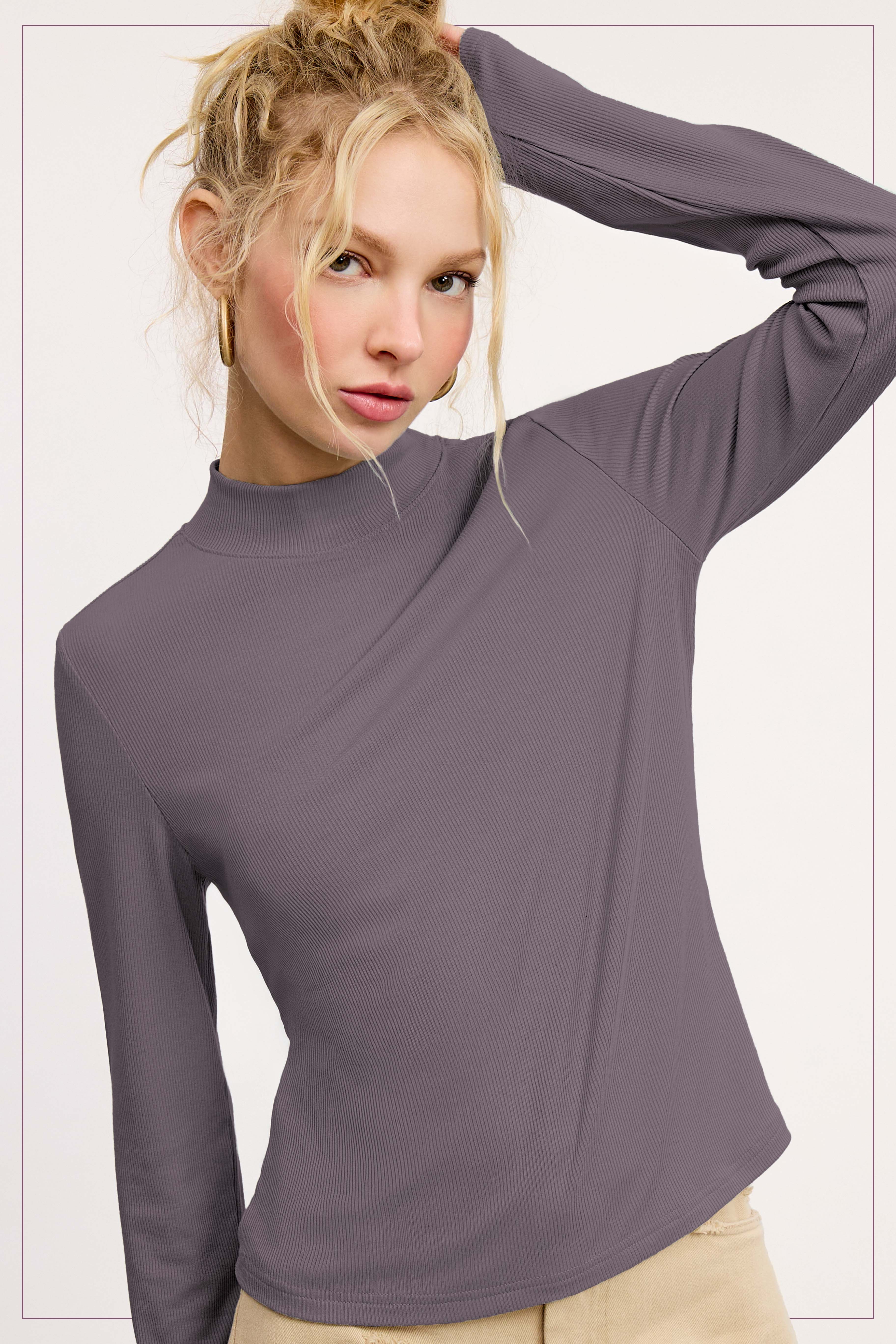 La Miel - Wholesale Gebreide top - Dames - MCT7699-Elastische geribbelde basistop met lange mouwen en ronde hals27
