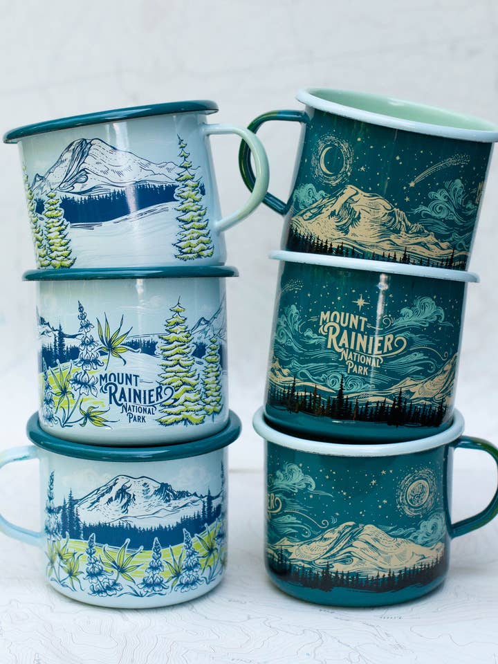 Mt Rainier emaille campingmok voor wholesale door Final Switchback by Katie Jeanne Reim