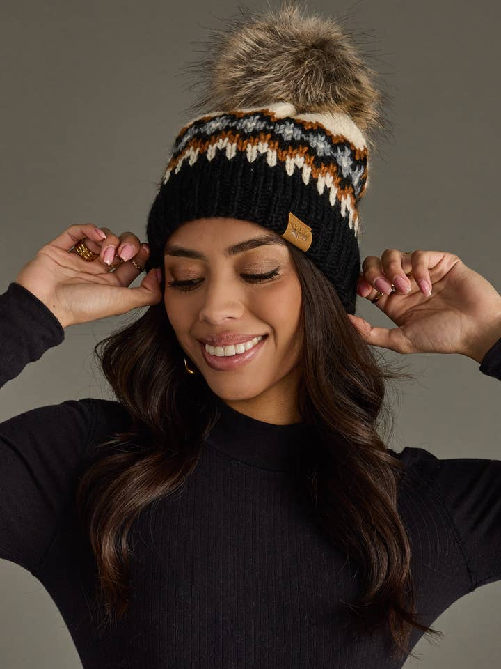 Cream, Rust, Black & Gray Patterned Pom Hat for wholesale by Panache Apparel Co.