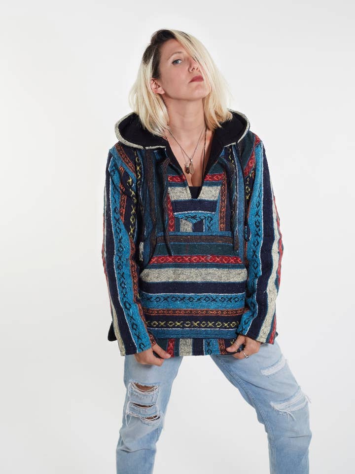 Blauwe Hippie Traditionele Nepalese Gheri Katoenen Stof Hoodie voor wholesale door HimaOriginals