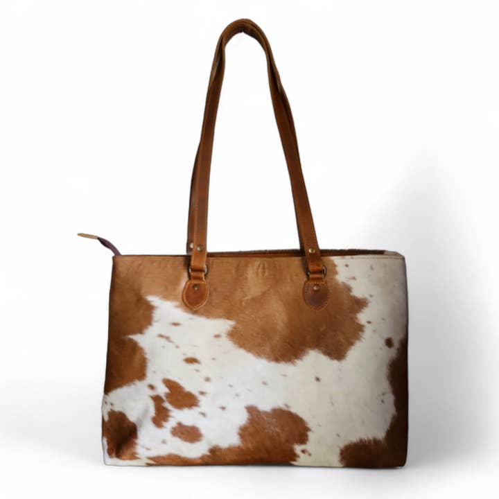 Genuine Cowhide Large Tote Highlands Cowhide Tote Bag Saddle for wholesale by Ranch Junkie