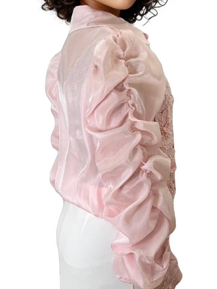 N by Nancy - Wholesale Blouse - Women's - S3032 SHEER LONG SLEEVE BUTTON DOWN FLORAL TOP (PINK, WHT) 2