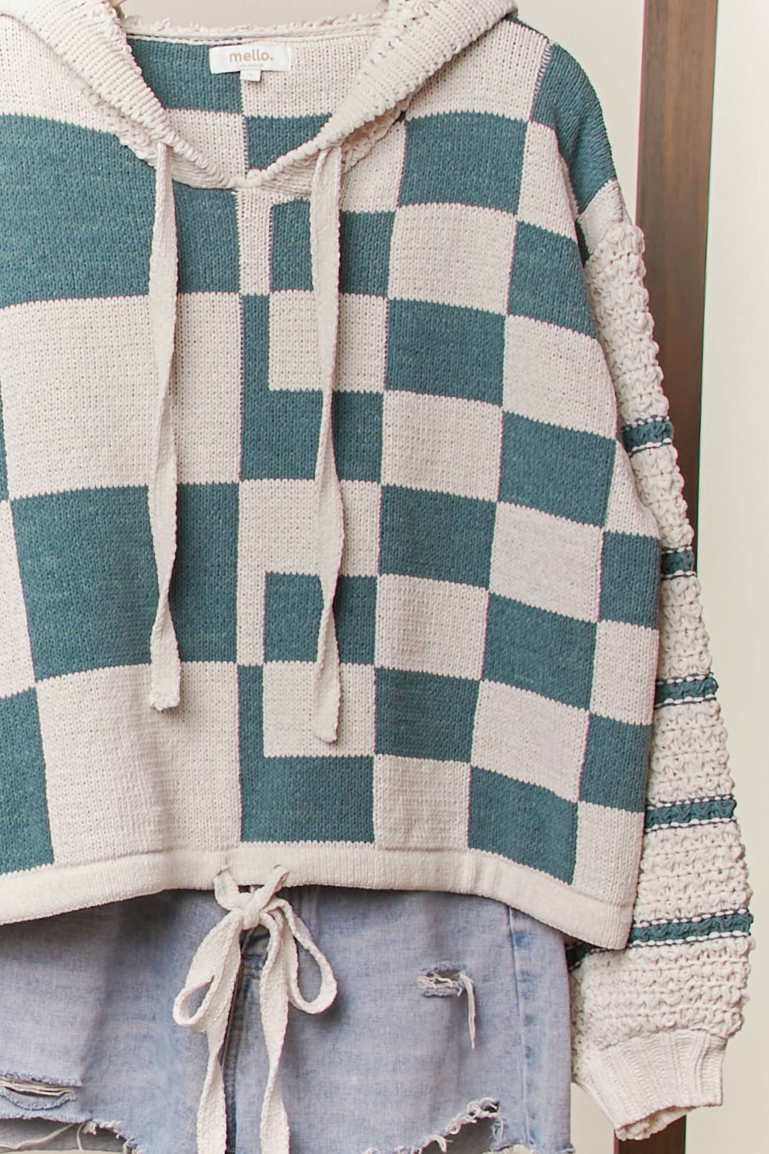 Mello. - Wholesale Knit Sweater - Women's - Hooded Multi Checker Drawstring Sweater12