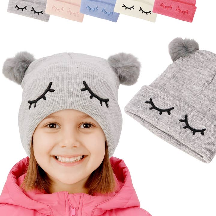 ASSORTED Kids Dreamy Eyes Double Pom Pom Knitted Beanie for wholesale on Faire0