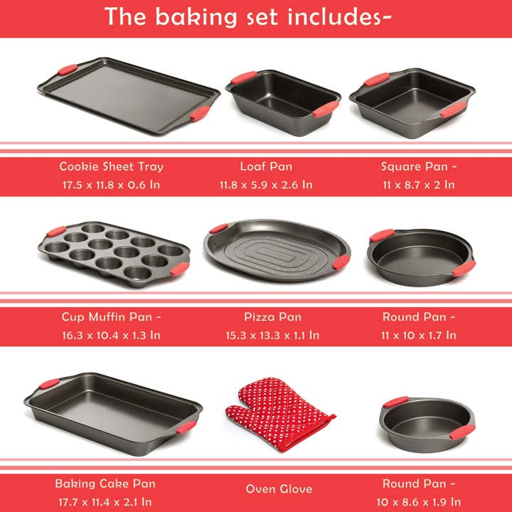 Moss & Stone - Wholesale Baking dish - 9 Piece Baking Pans Set Non Stick, Oven Safe Baking Sheet Set Carbon Steel Non-Stick PTFE Coating, Bakeware Set With Heat Red Silicone Handles, Black Baking Trays For Oven1