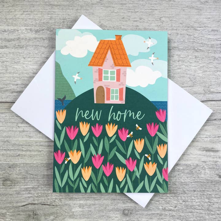 Joanne de Pace Design Studio - Wholesale House-warming card - 'New Home' Greeting Card / Pretty Pink House with Flowers
