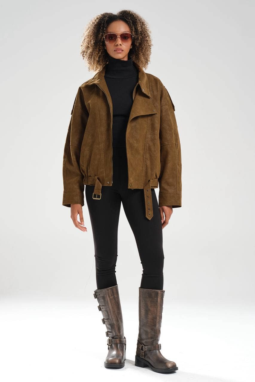 DesignofBoho - Wholesale Jacket - Women's - Oversized Brown Faux Suede Jacket with High Collar and Belt3