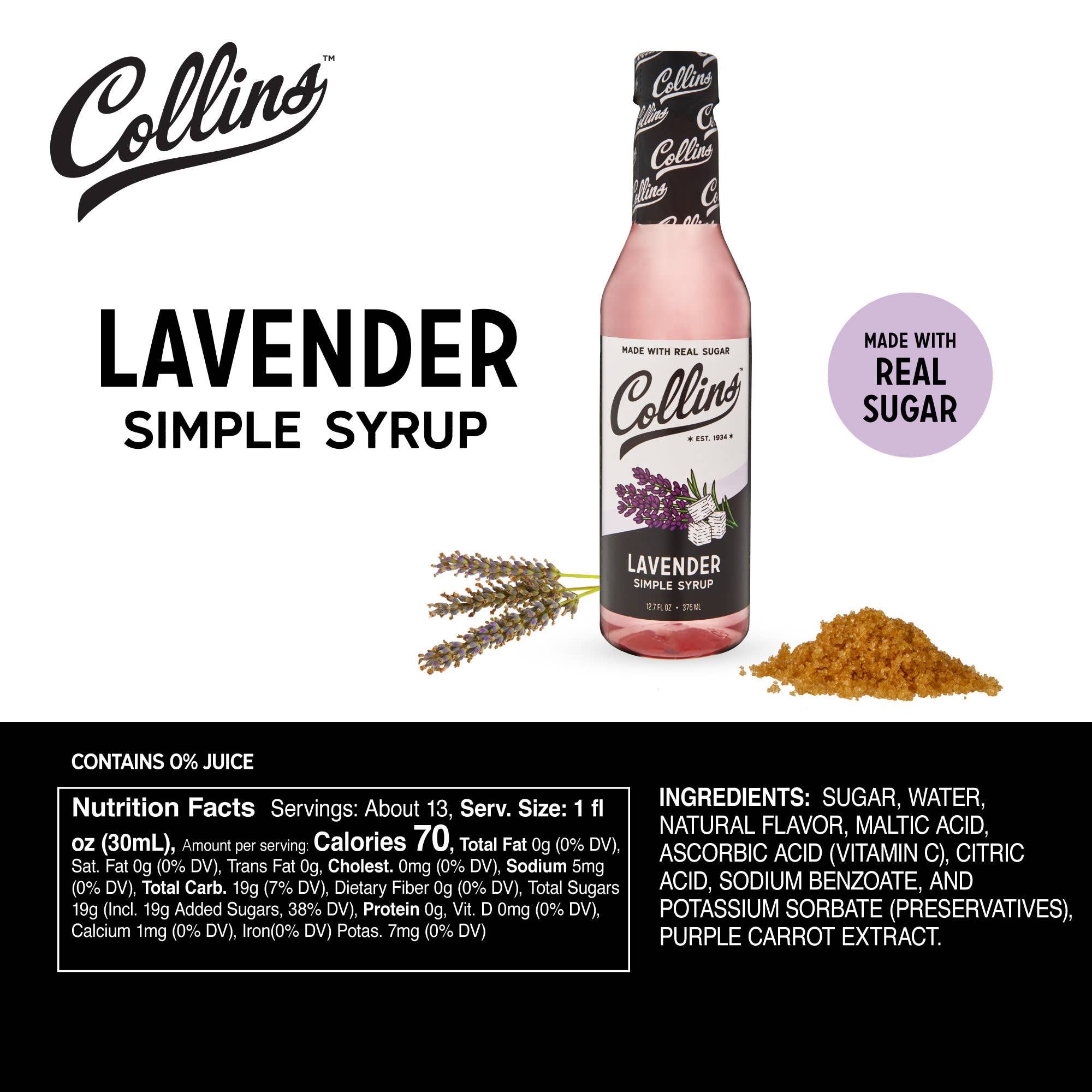 Collins - Wholesale Cocktail Mix/Syrup - Real Sugar Lavender Cocktail Simple Syrup 12.7 oz3