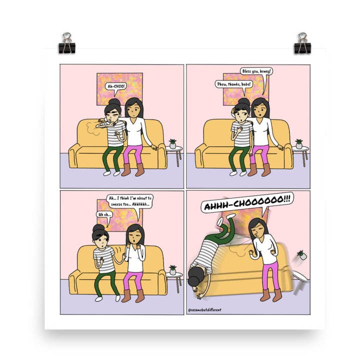 Sneezes | Cute Lesbian Relationship | Anniversary Gifts | Lesbian LGBTQ Comic Print (10" x 10") | Full Color | Sesame But Different for wholesale by Sesame But Different