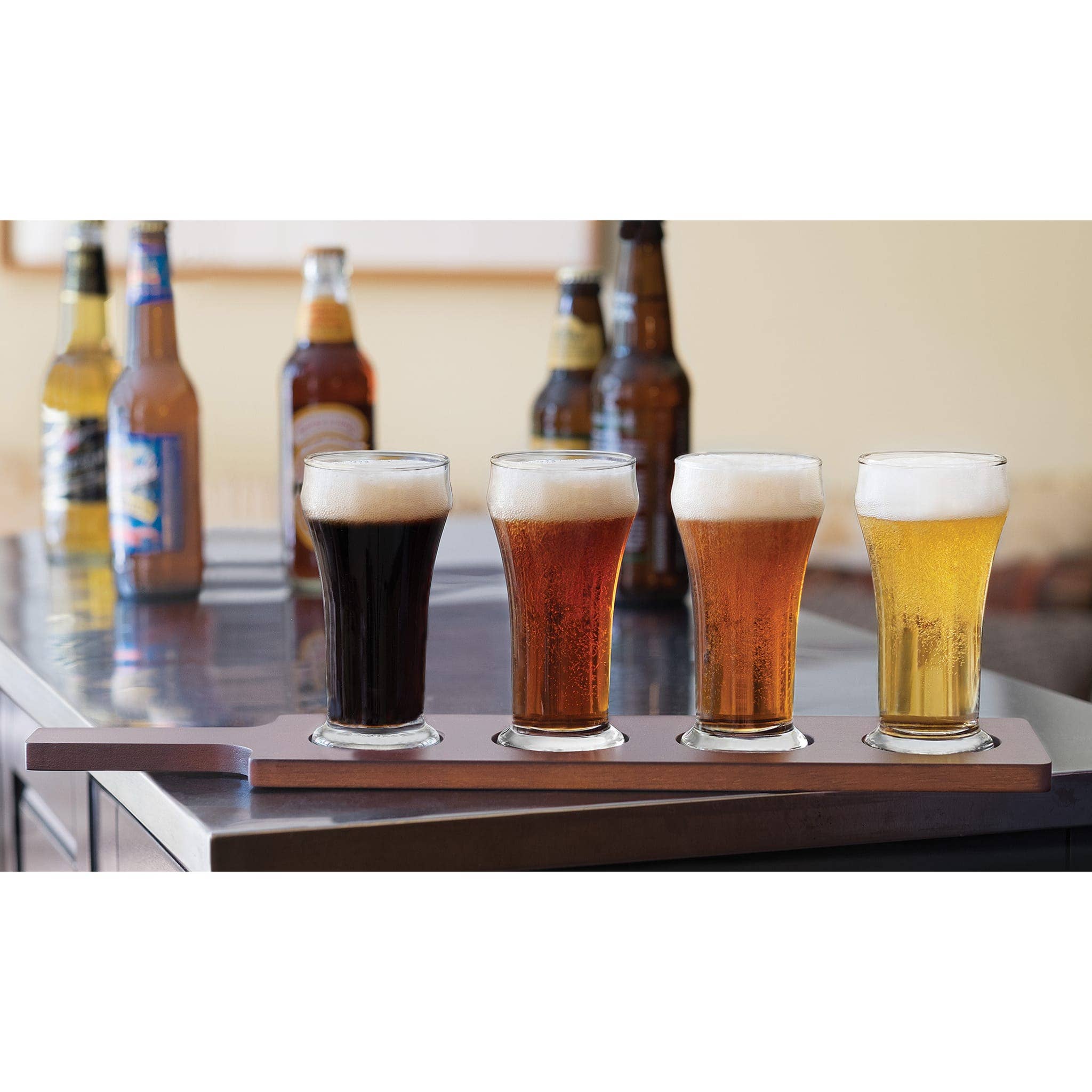 Libbey - Wholesale Beer Glass/Mug - Libbey Craft Brews Beer Flight Glass Set with Wood Carrier, 4 Glasses1