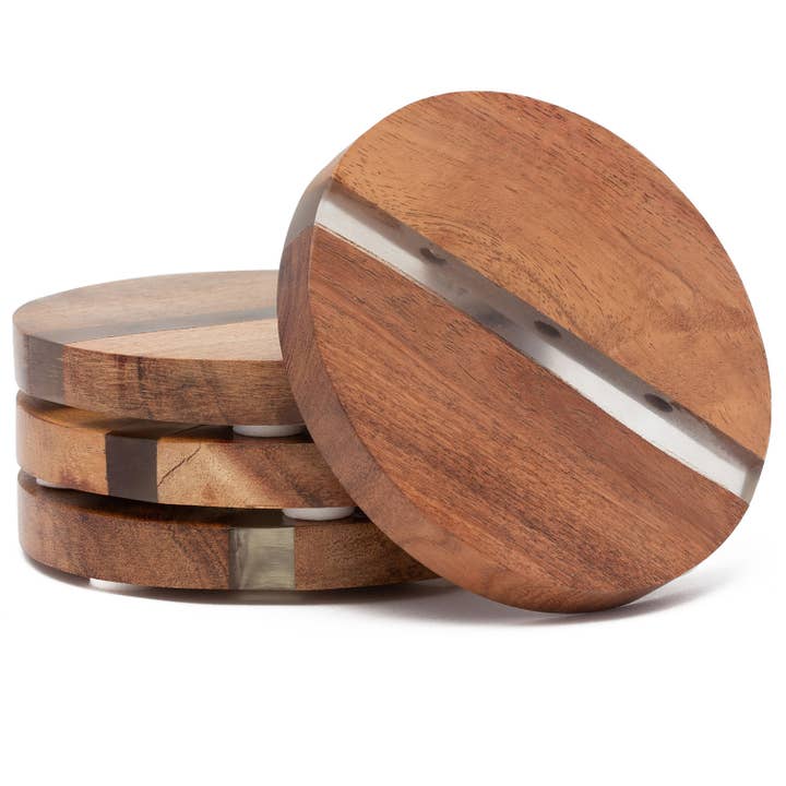Thirstystone Round Acacia Wood Coasters w/Resin Inlay for wholesale by CounterArt/Highland Home/Thirstystone