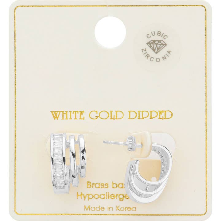 Sensibling Corp. - Wholesale Hoop Earrings - White Gold Dipped CZ Stone Trio Mini Hoop Earrings