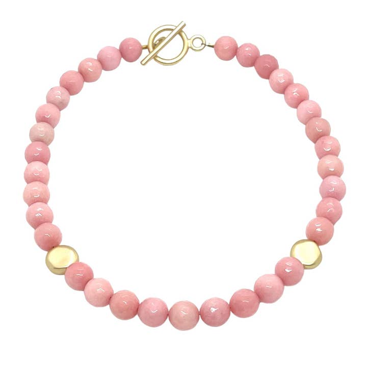 Pink Coral Jade With Matte Gold Flat Bead Necklace for wholesale by Deborah Grivas Designs